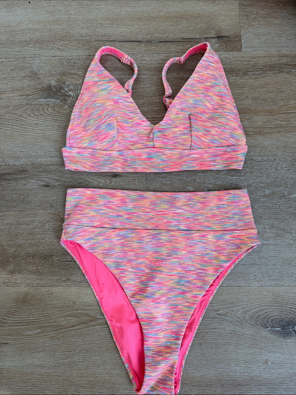 American Eahle High-Waist Pink Multi-Color Triangle Bikini Set